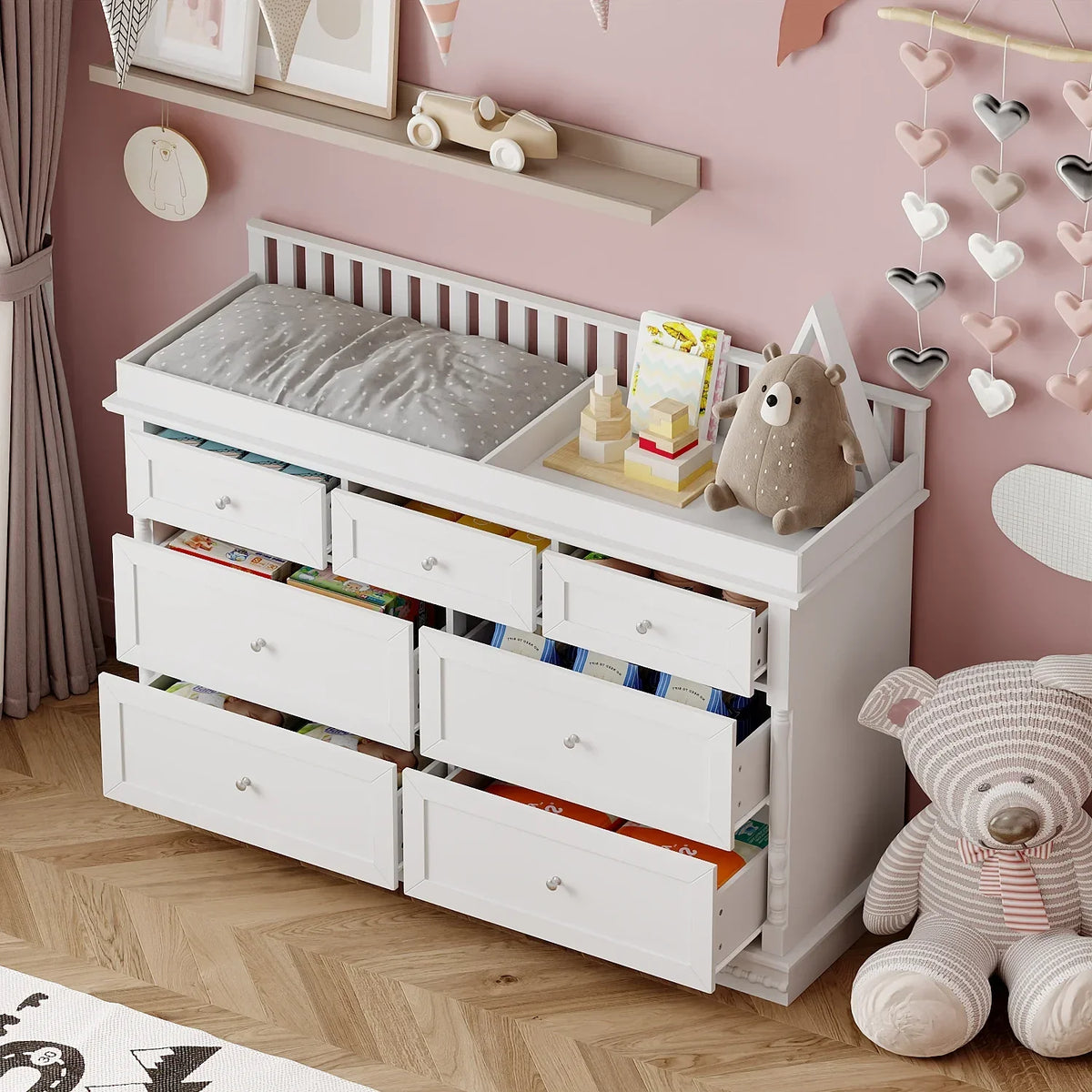 Nouveauté 2026 – Table à langer/commode pour chambre de bébé OXYLIFE , 114 cm (45 po), avec 4 tiroirs et une étagère, blanche