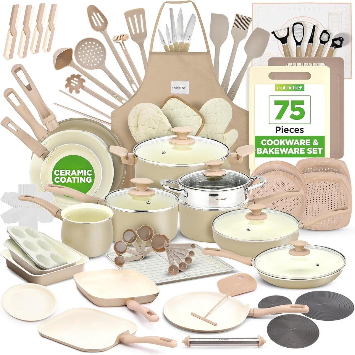 Nouveauté 2026 – Ensemble de cuisine 54 pièces – Ensemble complet de casseroles et poêles en céramique antiadhésive avec ustensiles, moules à pâtisserie et couteaux, compatible gaz, électrique et induction, rose poudré – Indispensables pour la cuisin