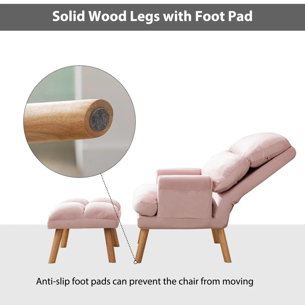 Nouveauté 2026 – Fauteuil d'appoint réglable Betier avec repose-pieds, fauteuil en velours pour chambre ou salon, fauteuil lounge confortable avec dossier rembourré et poche latérale, fauteuil de lecture moelleux, beige
