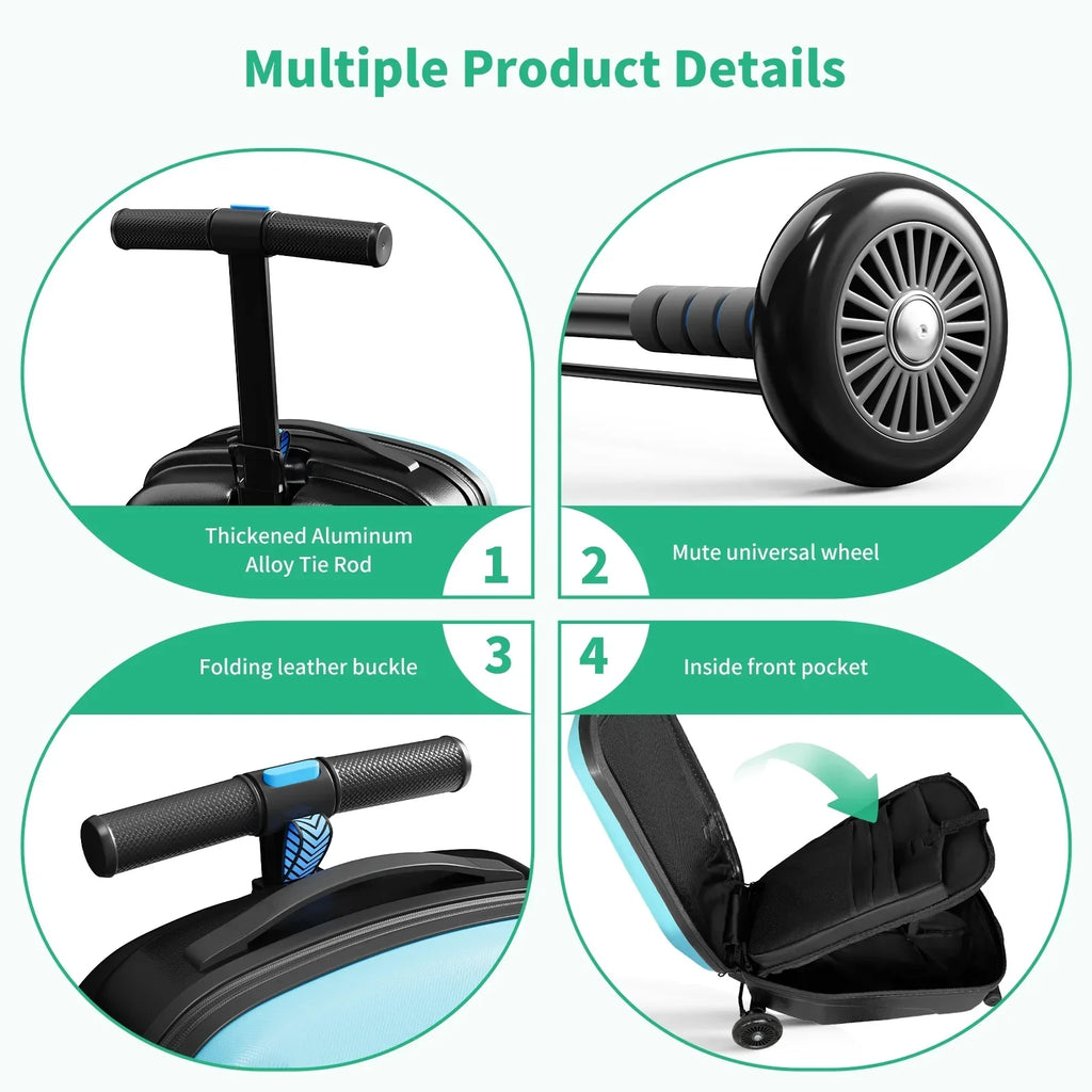 Nouveauté 2026 – Muhub - Valise-trottinette 2 en 1 pour enfants et adultes, pliable et à roulettes, bleu clair