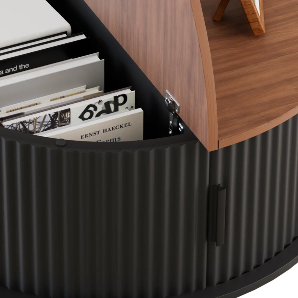 Nouveauté 2026 – Table basse ronde RUMLIVE avec rangement, table basse moderne de 78 cm avec porte coulissante incurvée à 360°, table basse en bois cannelé avec patins, table centrale ronde pour salon, noire