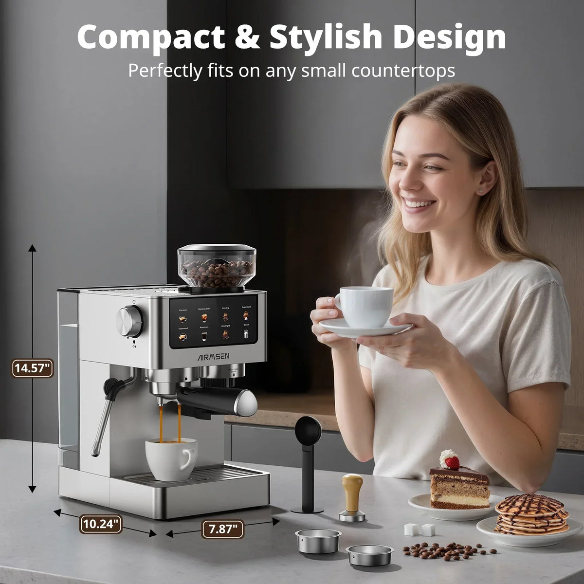 Nouveauté 2026 – Machine à expresso AIRMSEN avec broyeur intégré, permettant de personnaliser la mouture et le volume de café, idéale pour le cappuccino, le latte et l'americano. Finition en acier inoxydable brossé