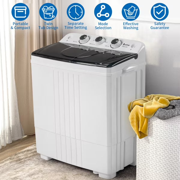 Nouveauté 2026 – Lave-linge semi-automatique compact 1300 tr/min, 9 kg (20 lb), double cuve, avec pompe intégrée, idéal pour appartement, résidence étudiante, camping-car et camping. Blanc/noir