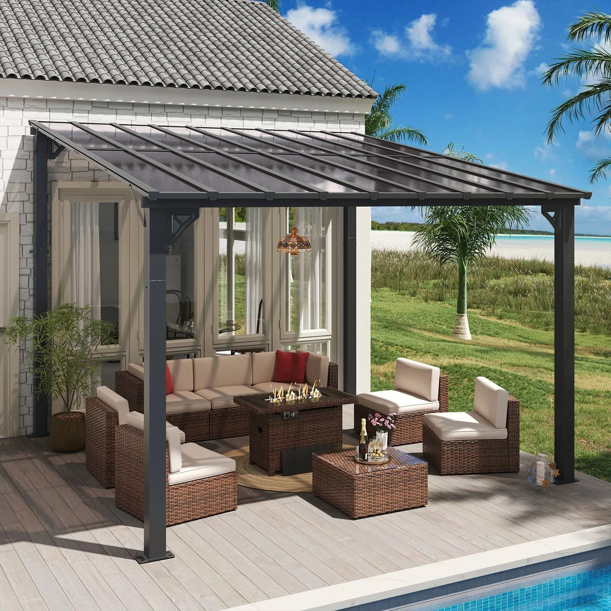 Nouveauté 2026 – Gazebo Aoxun de 2,4 m x 1,5 m pour patio, pergola avec toit incliné, grand auvent mural robuste pour barbecue, idéal pour jardin, terrasse ou patio