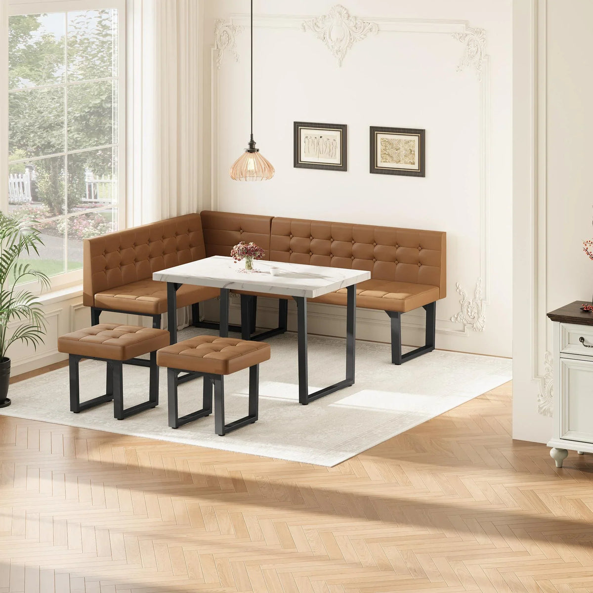 Nouveauté 2026 – Ensemble de salle à manger d'angle 5 pièces Brafab avec table et banc, style moderne, avec banquette rembourrée grise