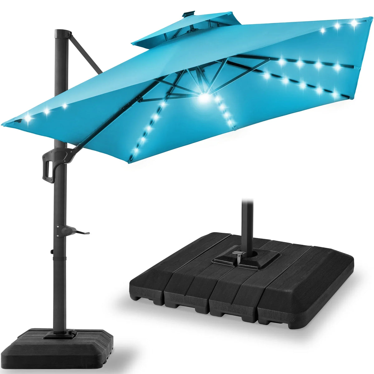 Nouveauté 2026 – Parasol de terrasse carré déporté à deux niveaux, 3 x 3 m, à éclairage solaire LED, avec base incluse (Best Choice Products, ) - Beige