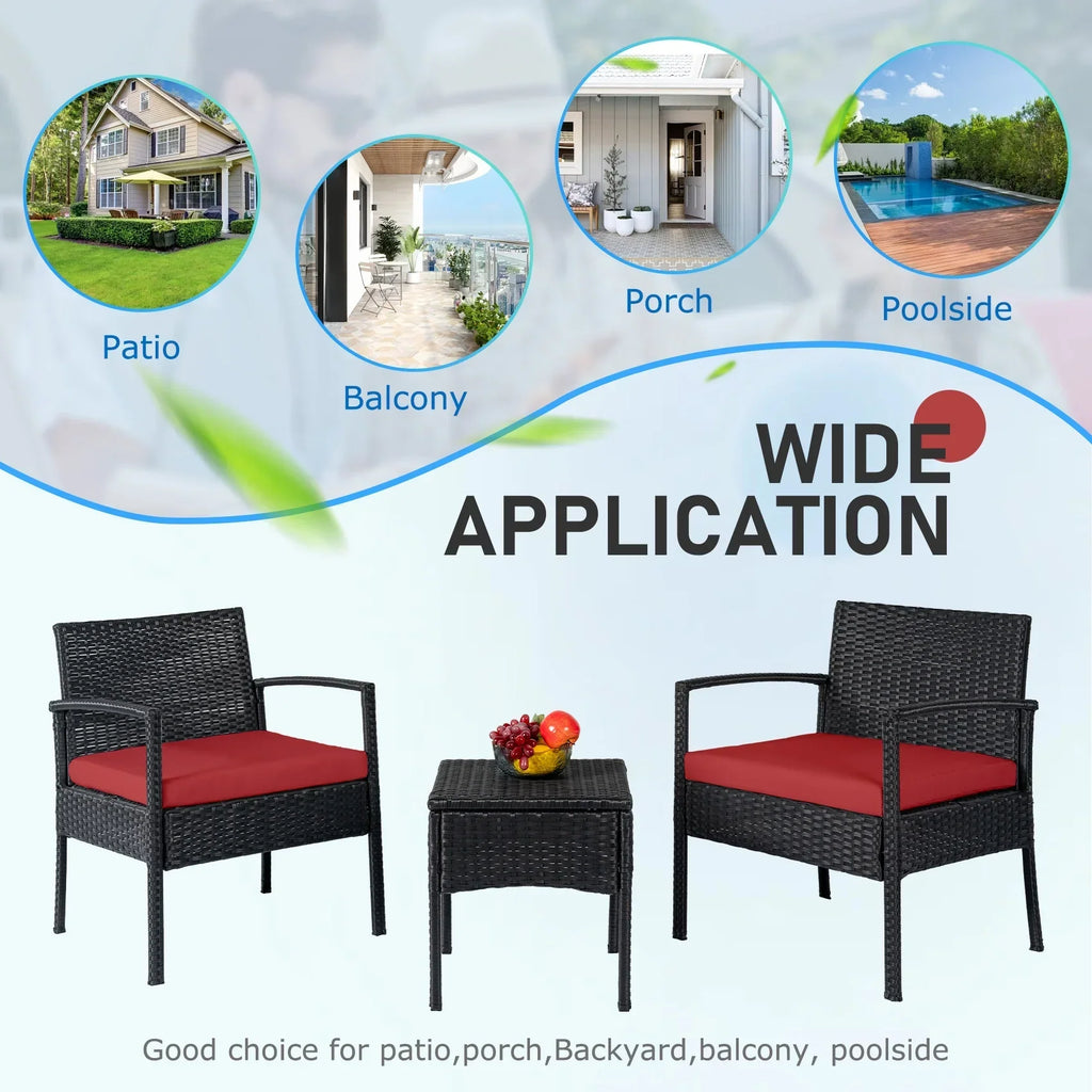 Nouveauté 2026 – Ensemble de mobilier de jardin Tappio , 3 pièces, style bistro, comprenant des chaises de conversation en rotin, une table d'appoint et des coussins. Idéal pour balcon, jardin ou terrasse. Couleur : rouge