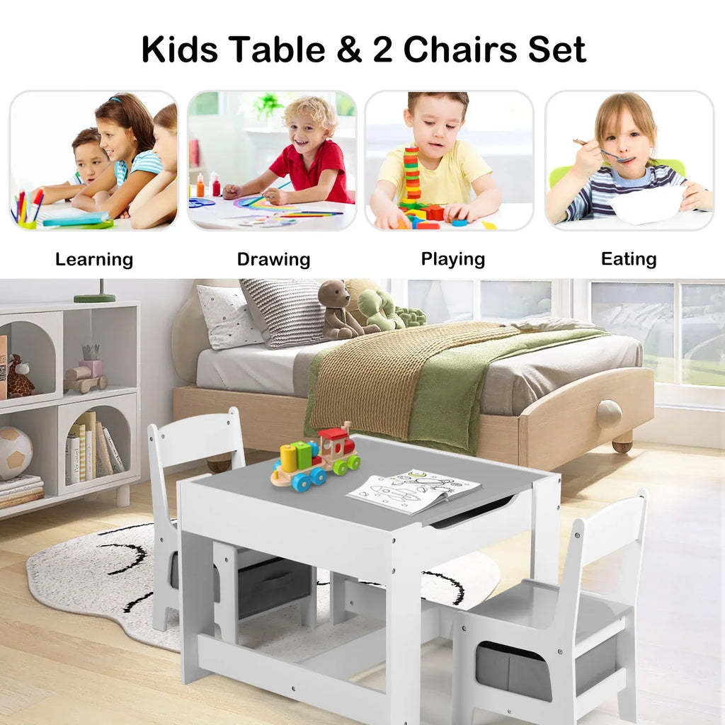 Nouveauté 2026 – Ensemble table et 2 chaises pour enfants LINLUX , table d'activités avec tableau noir/blanc, gris