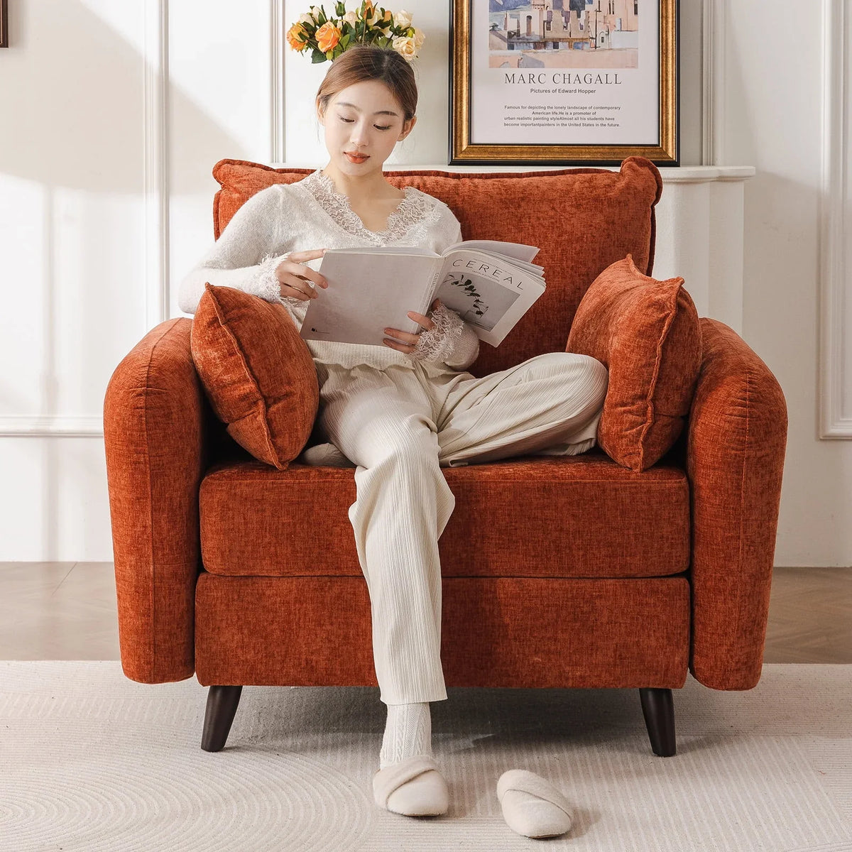 Nouveauté 2026 – Fauteuil d'appoint surdimensionné Rexulqo avec rangement intégré, confortable pour le salon, livré avec 2 coussins décoratifs, fauteuil rembourré style milieu du siècle, assise profonde de 62 cm, fauteuil de lecture pour chambre ou b