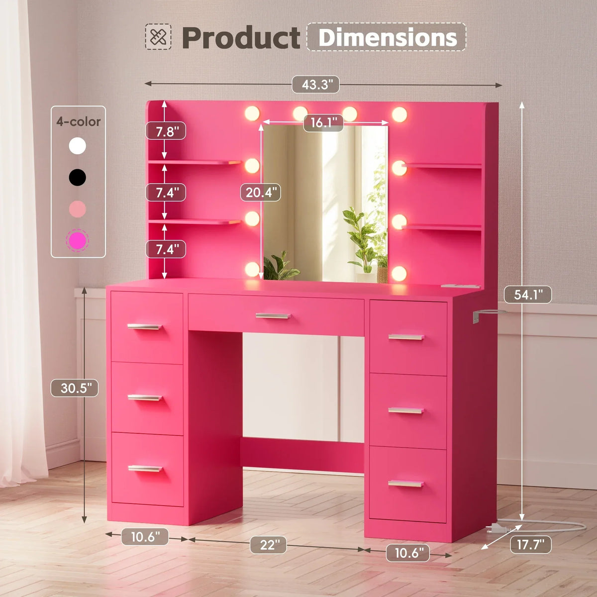 Nouveauté 2026 – Coiffeuse Lacoo avec miroir et éclairage LED, meuble de maquillage avec 7 tiroirs et 4 étagères, table de toilette avec prise électrique pour chambre ou dressing, blanche