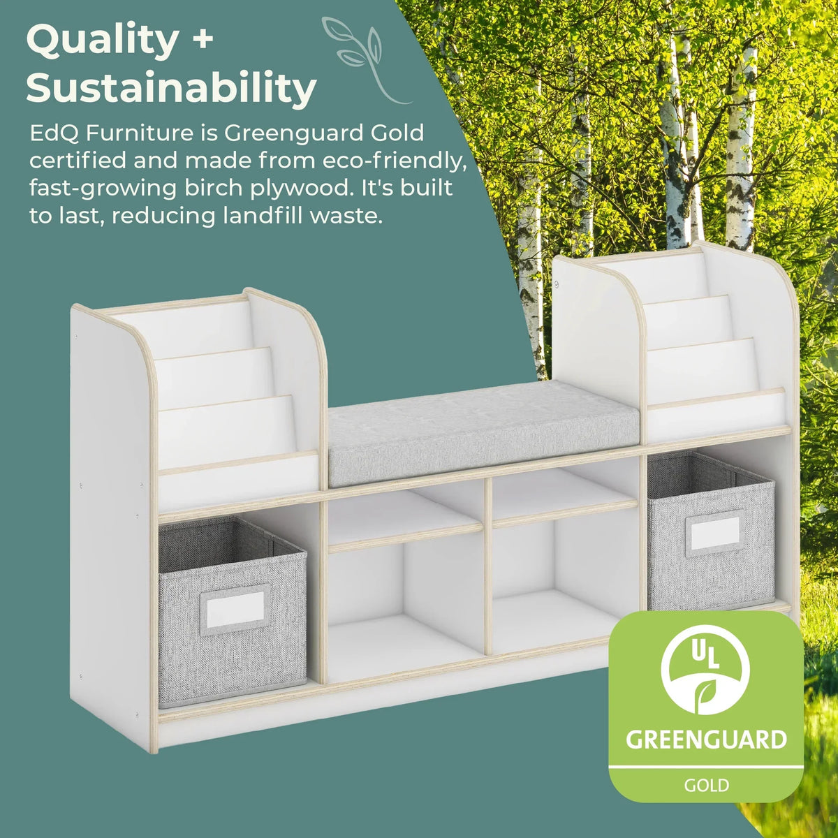 Nouveauté 2026 – Coin lecture EdQ de Guidecraft - Naturel : Banc de lecture en bois pour chambre d'enfant, étagère à livres, rangement pour jouets et cubes de rangement