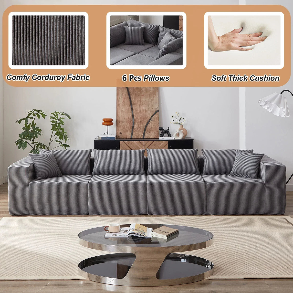 Nouveauté 2026 – Canapé d'angle modulaire en velours côtelé de 264 cm (104 pouces), ensemble de canapés de sol de luxe, mobilier d'intérieur rembourré, canapé compressé en mousse pour salon et chambre, combinaison libre de 4 pièces