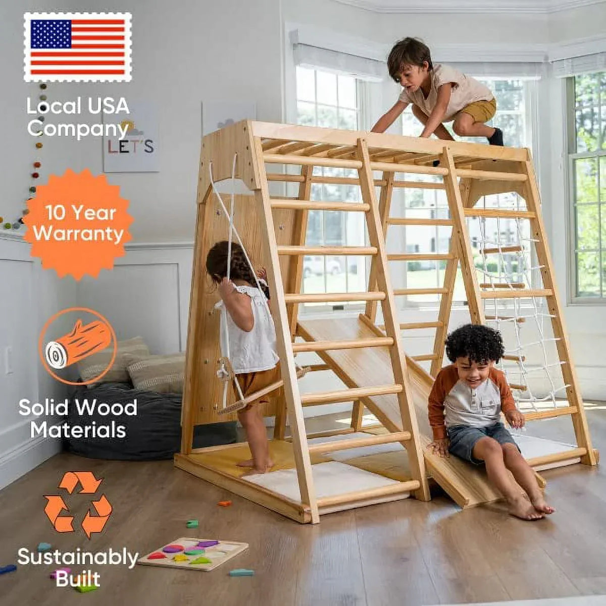 Nouveauté 2026 – Avenlur Aire de jeux intérieure pour tout-petits et enfants - Structure en bois véritable 6 en 1 avec toboggan, mur d'escalade, corde à grimper, barres de singe, balançoire et échelle. Un espace de jeux amusant pour les enfants