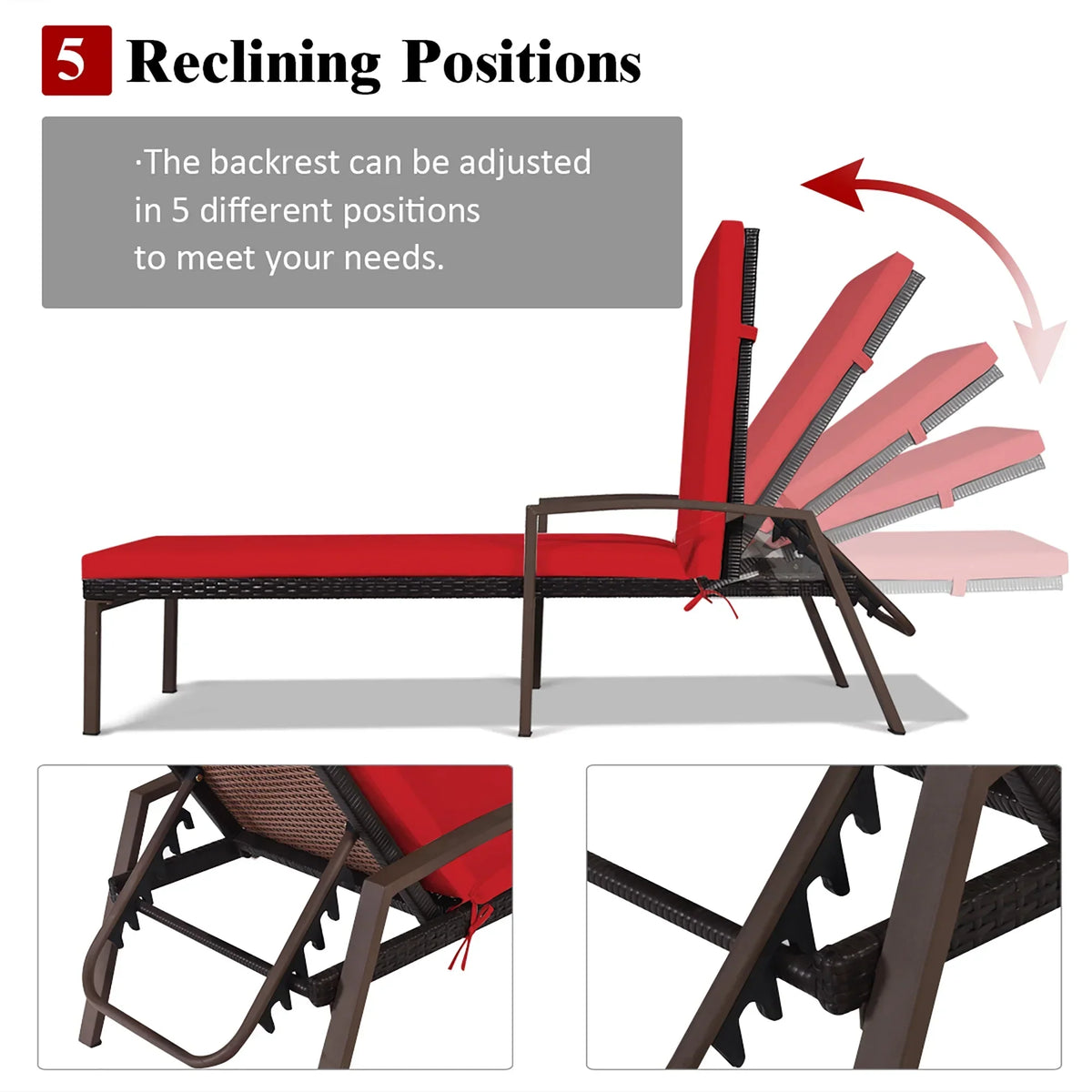 Nouveauté 2026 – Costway Lot de 2 chaises longues de patio en rotin, dossier inclinable, coussin réglable, rouge