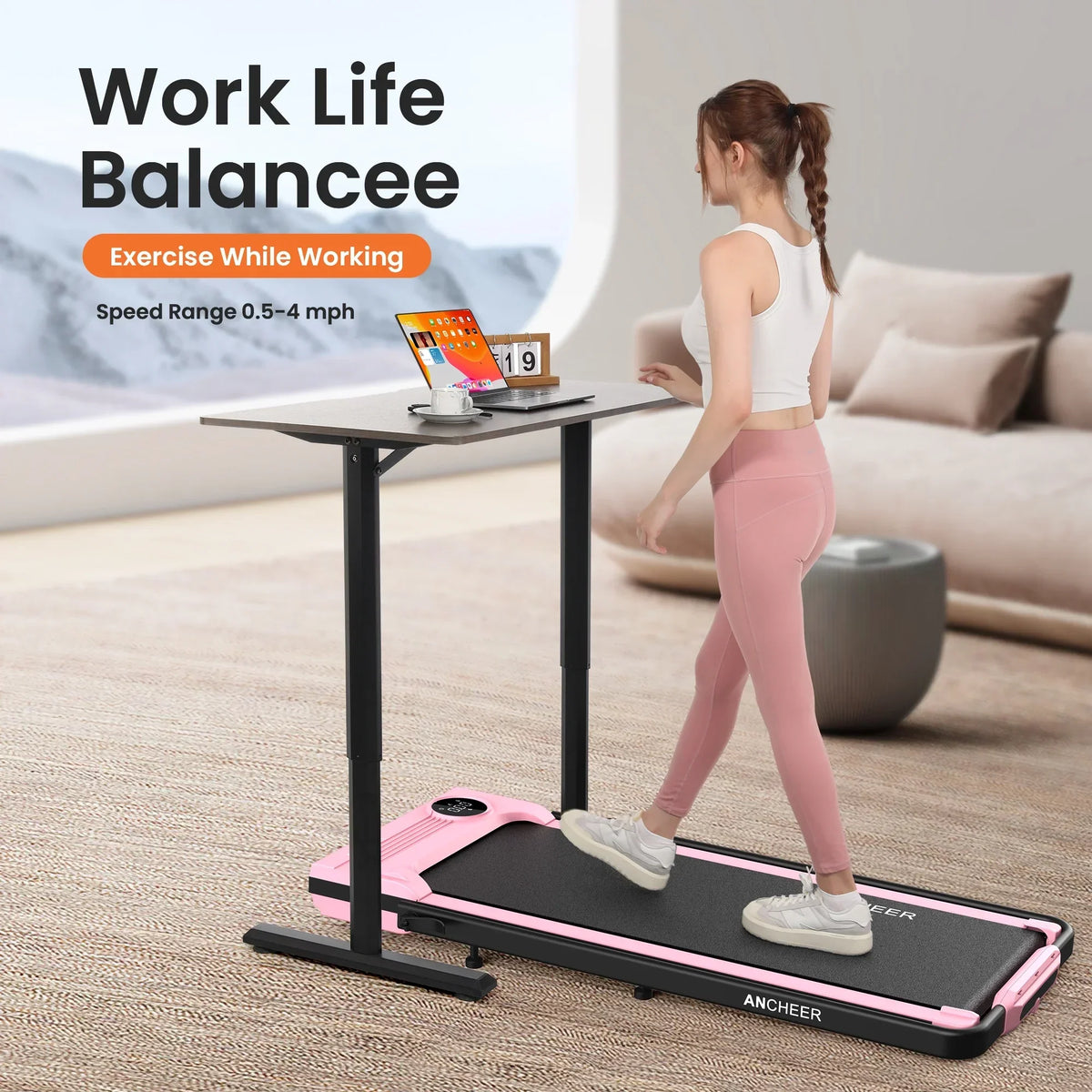 Nouveauté 2026 – Tapis de marche pliable et portable ANCHEER , capacité de 136 kg (300 lb), vitesse de 12 km/h (7,5 mi/h), à placer sous un bureau, avec télécommande et écran LED, 2 en 1, pour la maison, le bureau ou l'exercice (rose