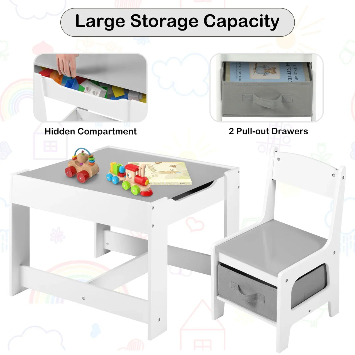 Nouveauté 2026 – Ensemble table et 2 chaises pour enfants LINLUX , table d'activités avec tableau noir/blanc, gris