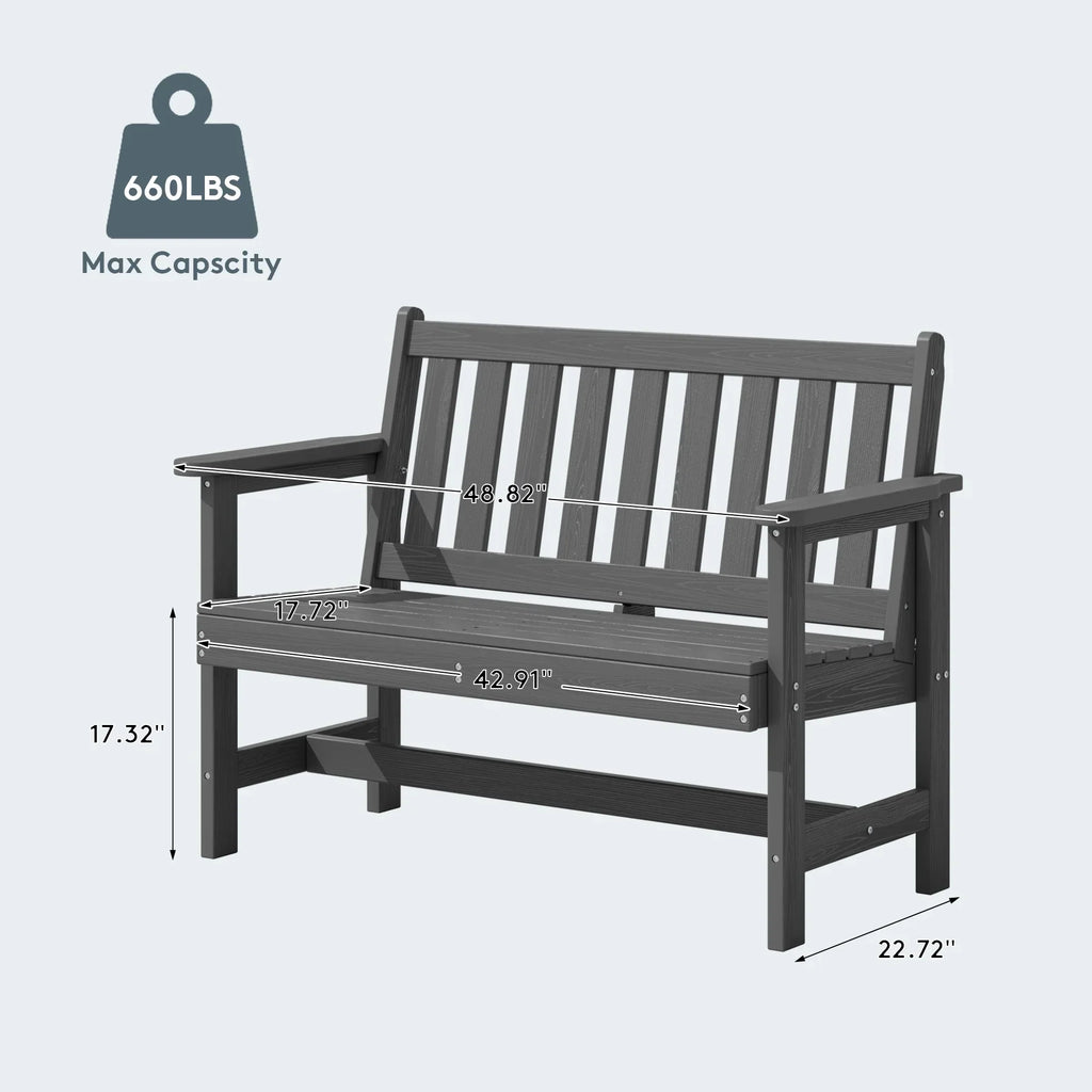 Nouveauté 2026 – Banc d'extérieur SERWALL pour 2 personnes, en PEHD résistant aux intempéries avec renforts en aluminium, supporte jusqu'à 300 kg, confortable pour terrasse, jardin et véranda, noir