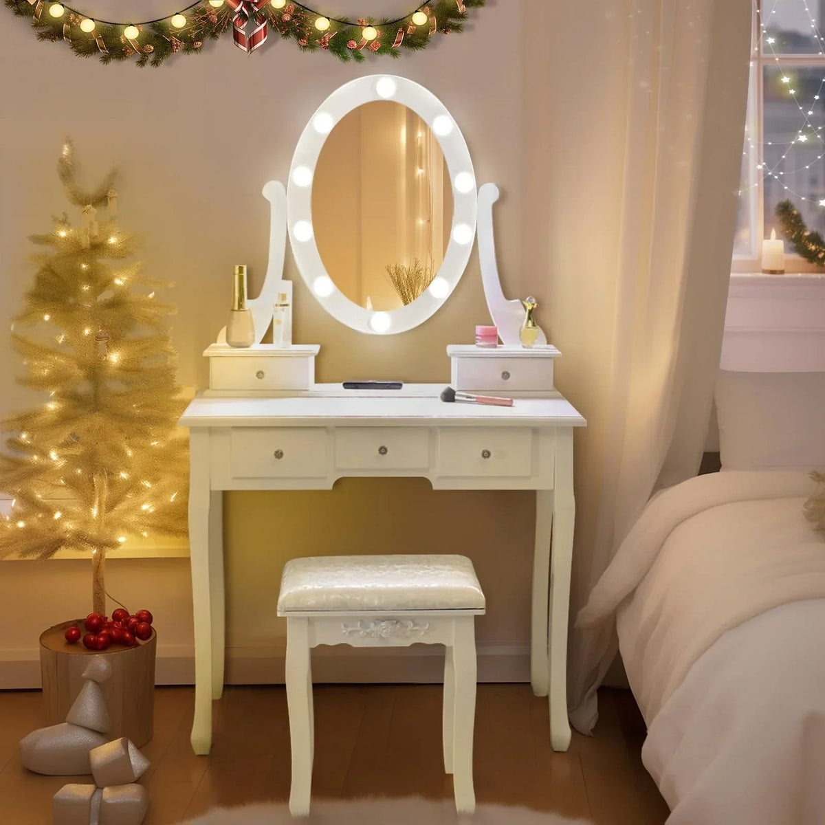Nouveauté 2026 – Coiffeuse Ktaxon avec 10 lumières LED, 5 tiroirs et tabouret rembourré, ensemble de coiffeuse blanc pour chambre à coucher