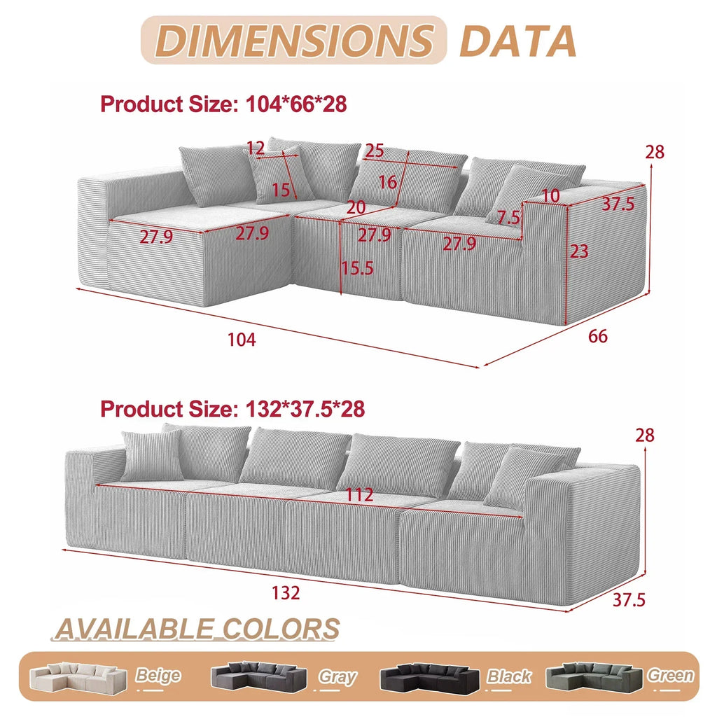 Nouveauté 2026 – Canapé d'angle modulaire en velours côtelé de 264 cm (104 pouces), ensemble de canapés de sol de luxe, mobilier d'intérieur rembourré, canapé compressé en mousse pour salon et chambre, combinaison libre de 4 pièces