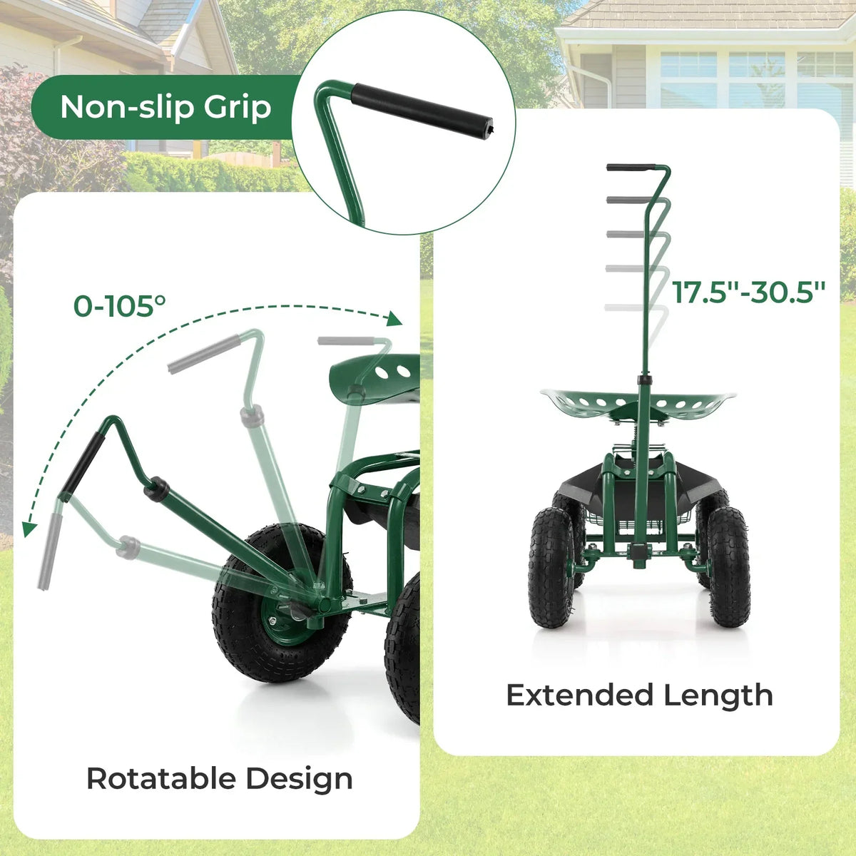 Nouveauté 2026 – Chariot de jardin Costway avec siège de travail roulant et poignée extensible, vert