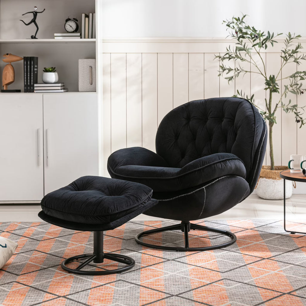 Nouveauté 2026 – Fauteuil pivotant Velvet avec repose-pieds, chaise longue moderne avec structure en métal, fauteuil de lecture confortable pour salon, chambre ou bureau, bleu