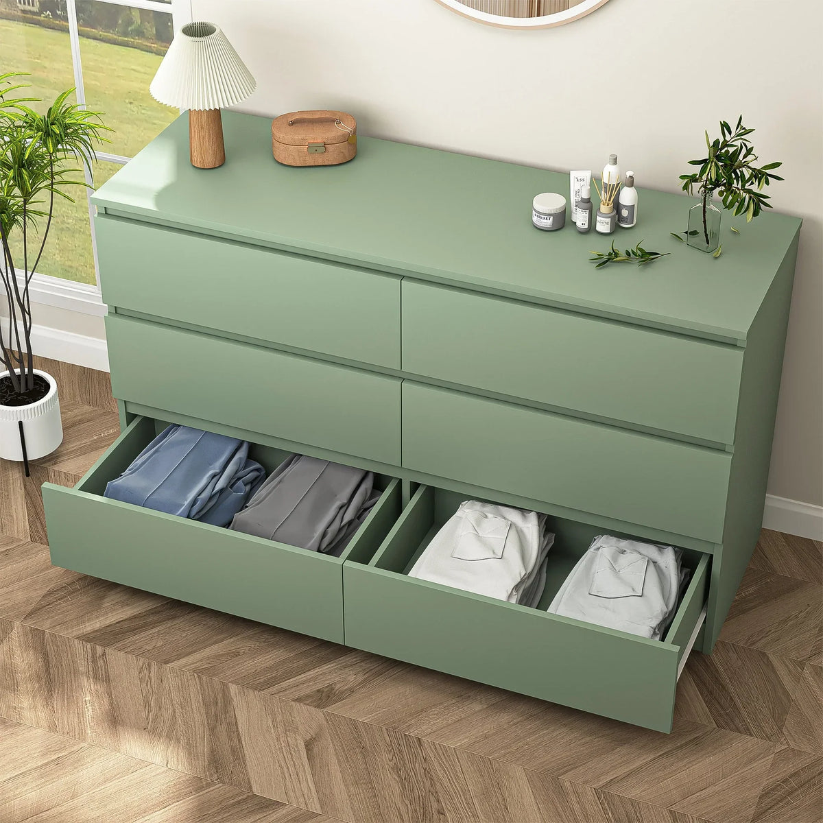 Nouveauté 2026 – Commode Resenkos moderne style milieu du siècle, 6 tiroirs, large, pour chambre à coucher, grise