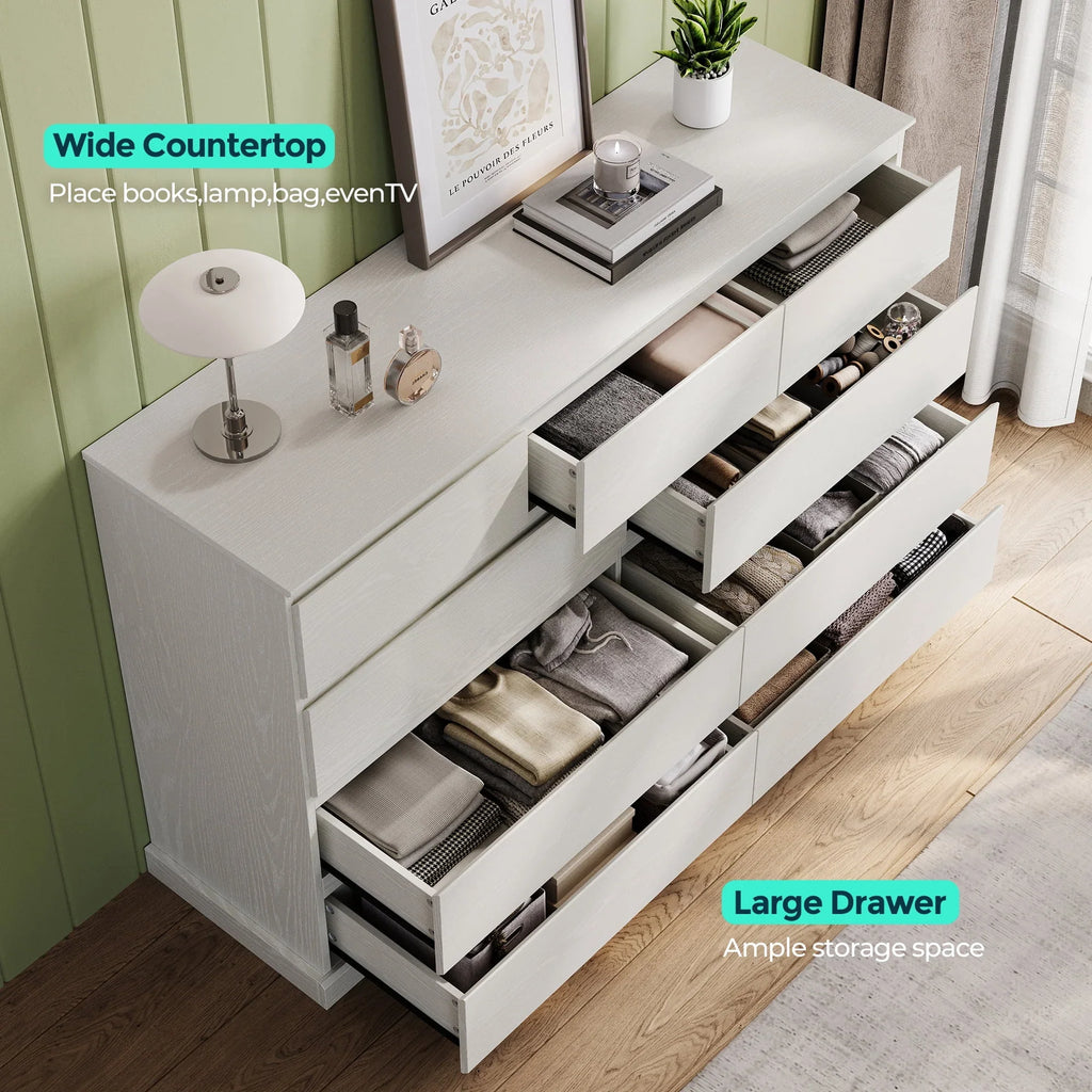 Nouveauté 2026 – Commode moderne en bois Linsy Home pour chambre à coucher, large commode à 9 tiroirs, blanche