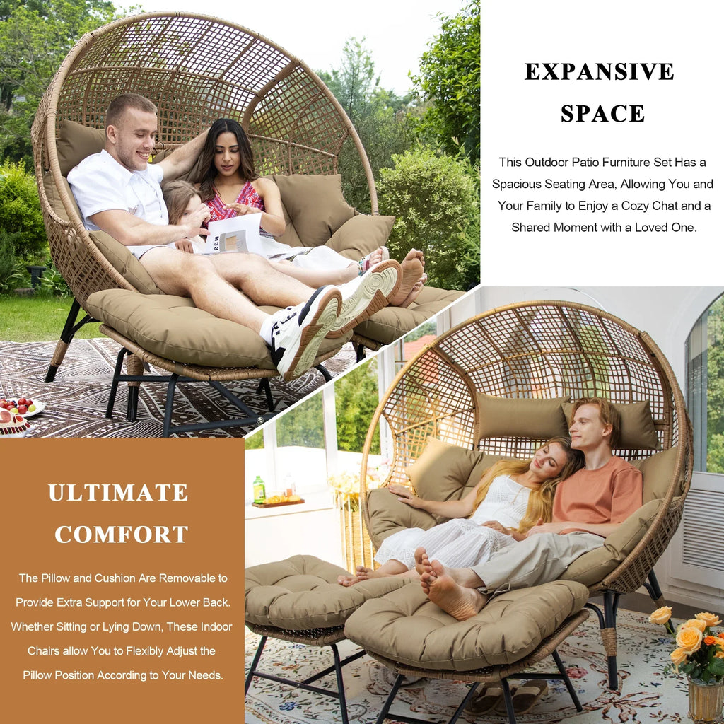Nouveauté 2026 – Fauteuil double œuf RADIATA pour 2 personnes, canapé deux places surdimensionné en résine tressée avec coussins épais, capacité de 308 kg, fauteuil de jardin/terrasse fixe pour intérieur/extérieur, balcon, jardin, beige