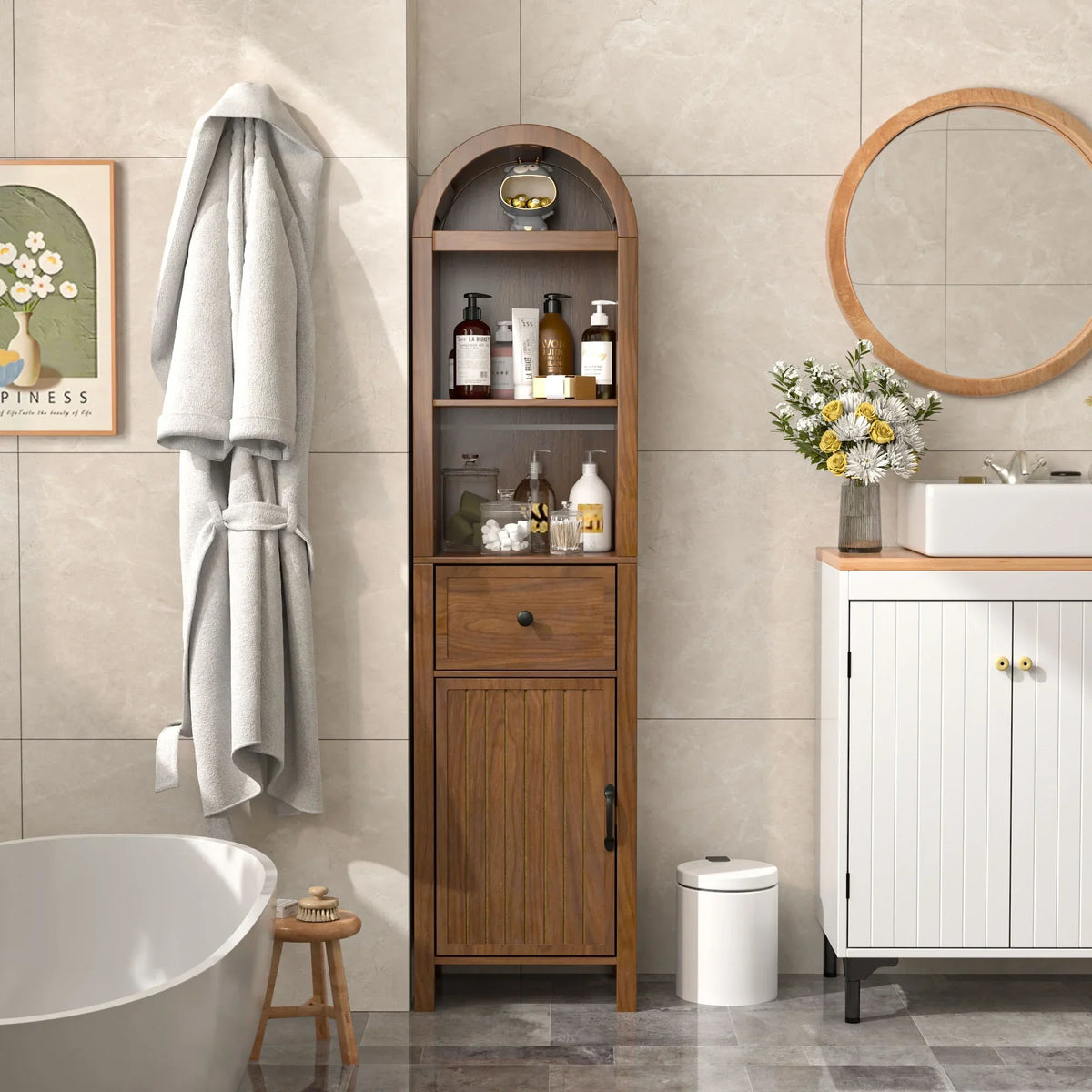 Nouveauté 2026 – Armoires de rangement hautes pour salle de bain Fiogmub avec portes et étagères, armoire à linge haute et étroite avec tiroir