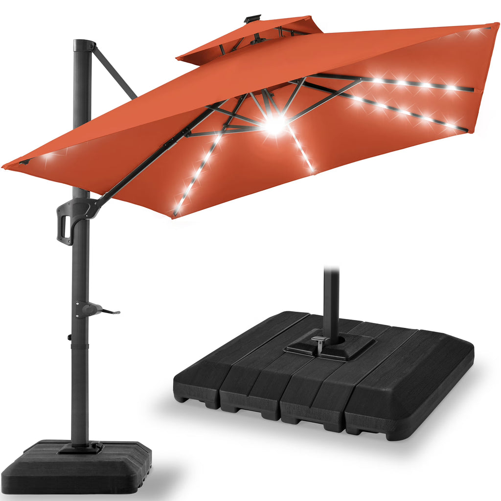 Nouveauté 2026 – Parasol de terrasse carré déporté à deux niveaux, 3 x 3 m, à éclairage solaire LED, avec base incluse (Best Choice Products, ) - Beige