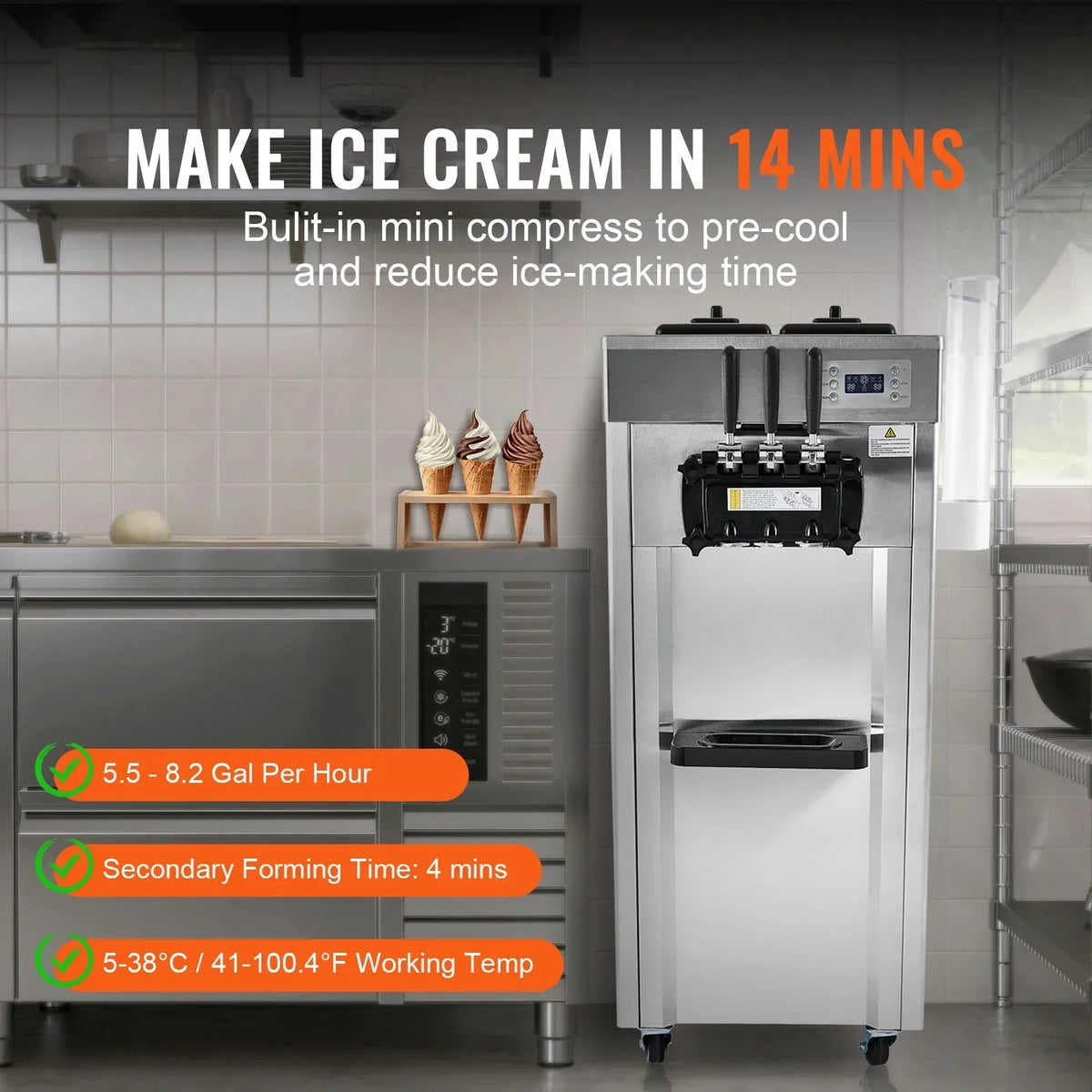 Nouveauté 2026 – Machine à glace molle commerciale KFFKFF , débit de 21 à 31 l/h, 3 parfums, affichage LED, nettoyage automatique, trémie de 4,3 l/1,1 gal, réservoir de 1,7 l/0,45 gal
