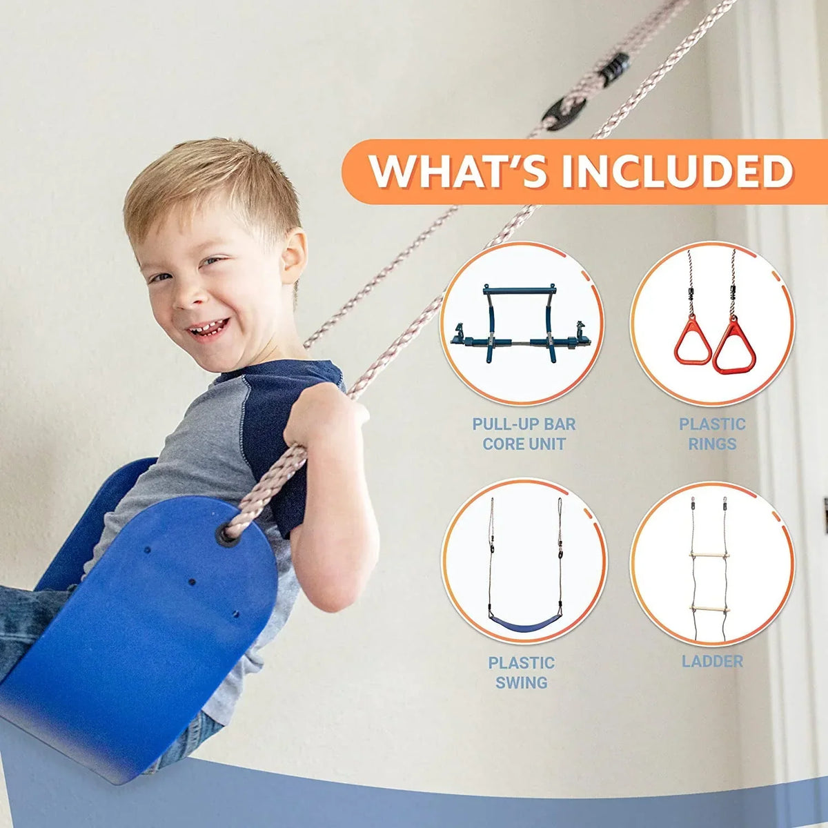 Nouveauté 2026 – Gym1 - Aire de jeux intérieure de luxe pour enfants - Ensemble complet - Quatre activités ludiques : balançoire bleue, anneaux en plastique, échelle d'escalade et barre de traction
