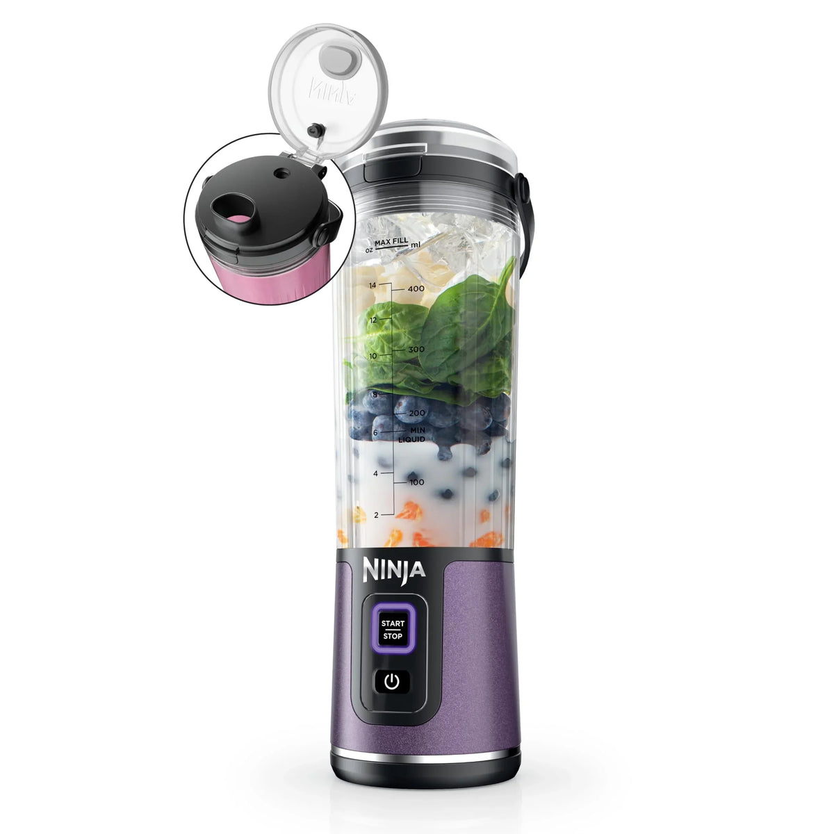 Nouveauté 2026 – Blender portable Ninja Blast , sans fil, bol de 532 ml (18 oz), blender individuel pour milkshakes et smoothies, sans BPA, couvercle étanche et bec verseur, rechargeable par USB-C, pièces compatibles lave-vaisselle, violet métallisé