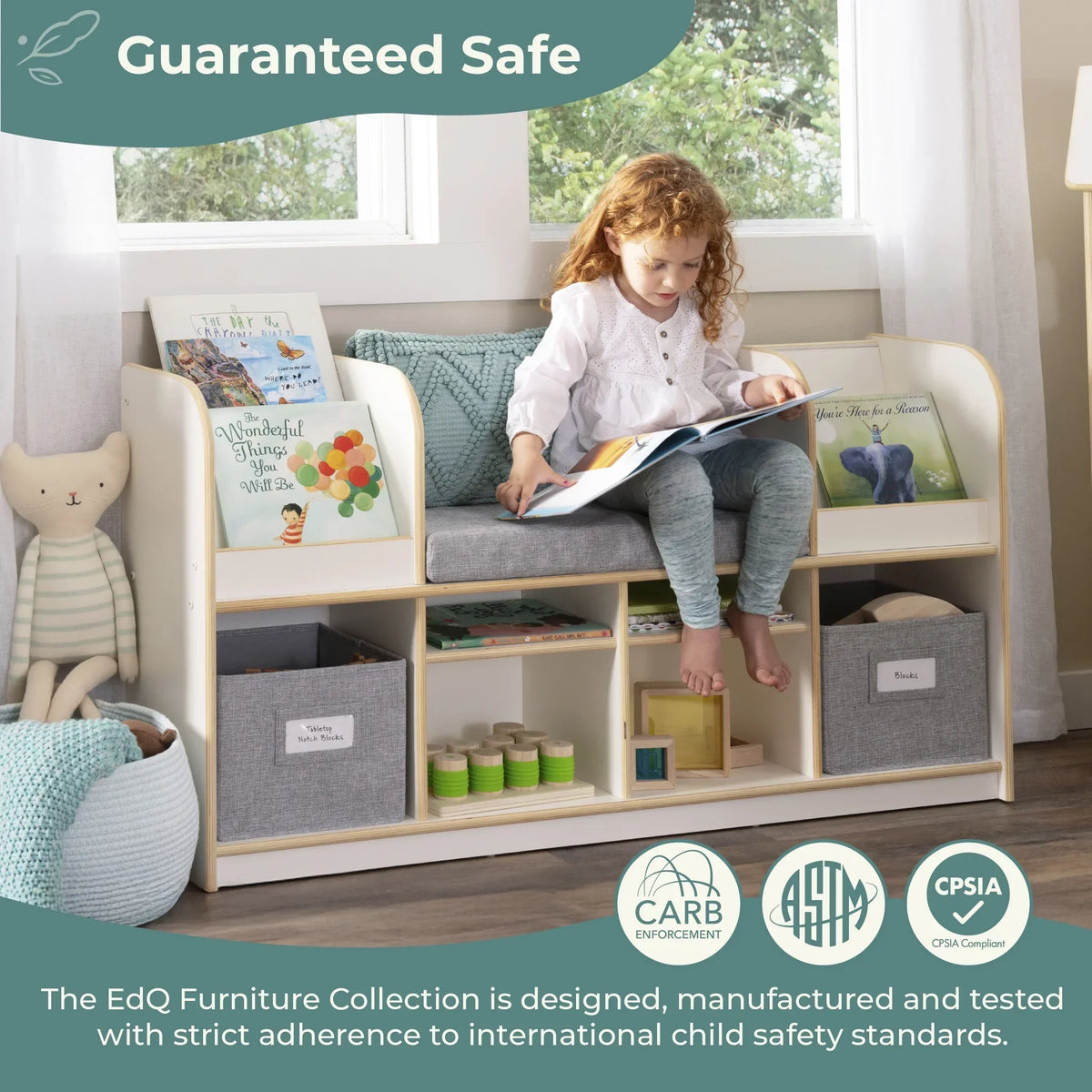 Nouveauté 2026 – Coin lecture EdQ de Guidecraft - Naturel : Banc de lecture en bois pour chambre d'enfant, étagère à livres, rangement pour jouets et cubes de rangement