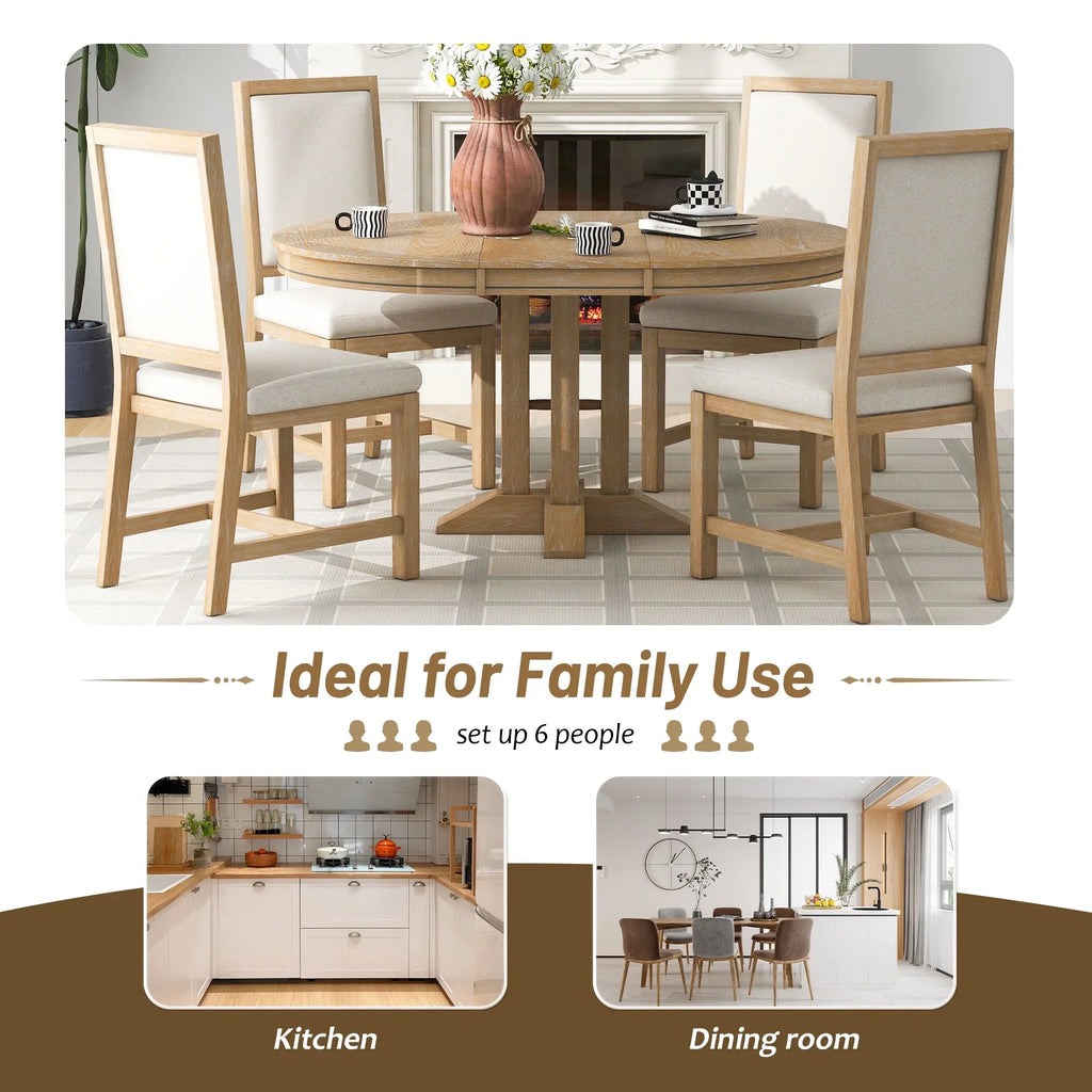 Nouveauté 2026 – Ensemble de salle à manger rond 5 pièces , comprenant une table extensible et 4 chaises rembourrées, en bois, pour 4 personnes. Style campagnard, idéal pour la cuisine, la salle à manger ou un appartement. Couleur : marron