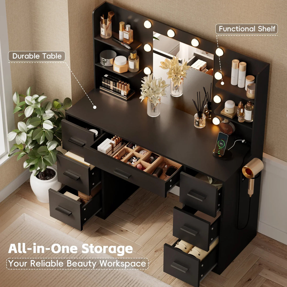 Nouveauté 2026 – Coiffeuse Lacoo avec miroir et éclairage LED, meuble de maquillage avec 7 tiroirs et 4 étagères, table de toilette avec prise électrique pour chambre ou dressing, blanche