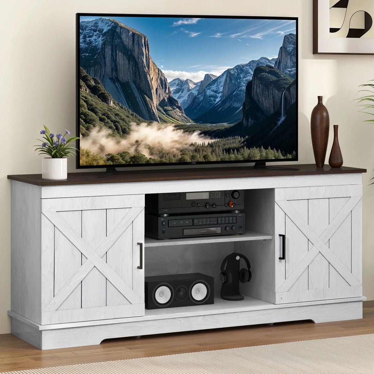 Nouveauté 2026 – Meuble TV Dextrus Farmhouse pour téléviseur 65 pouces, centre multimédia pour salon, meuble console TV, gris délavé