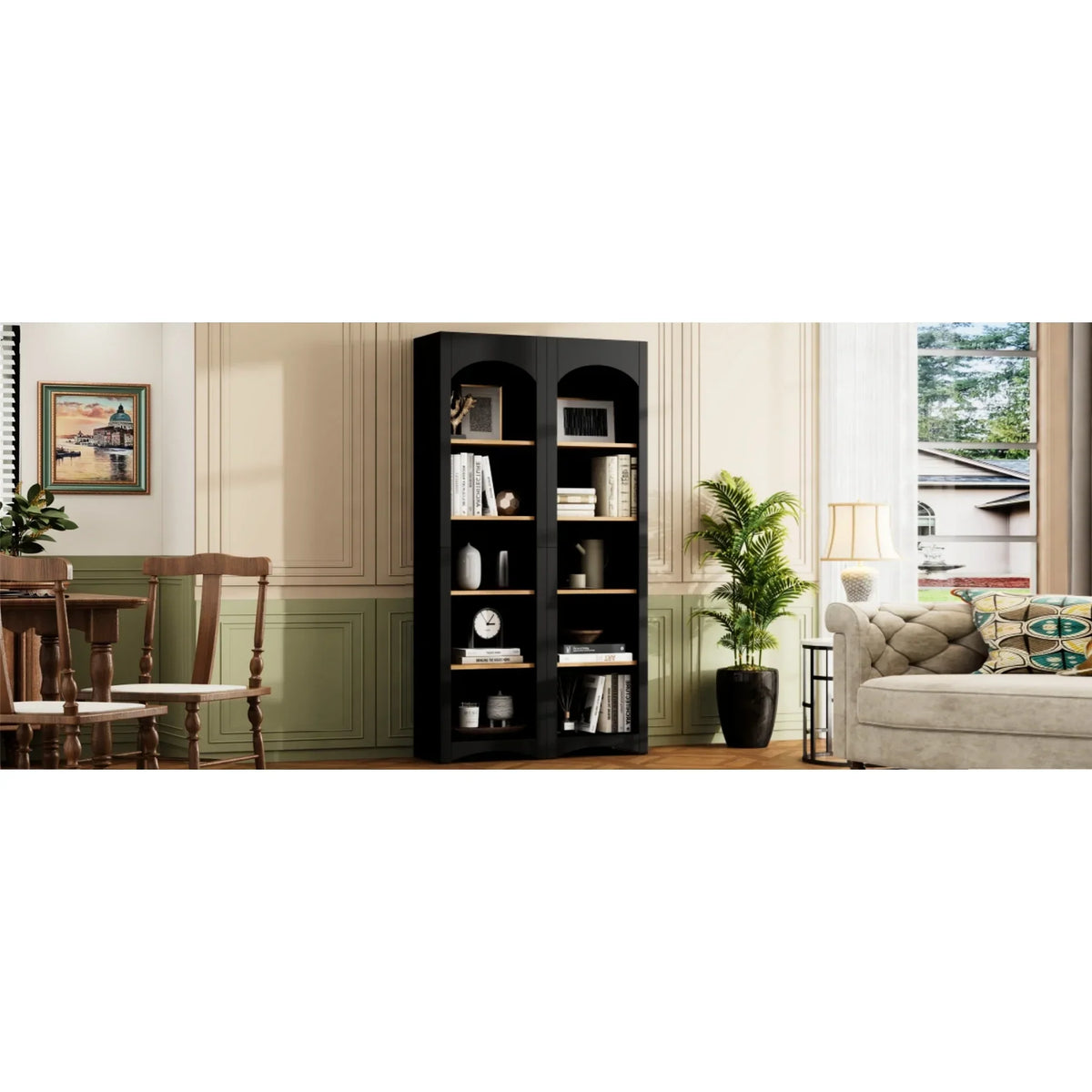 Nouveauté 2026 – Paire de placards de rangement 72 po H, 2 étagères réglables, finition noire, 2 bibliothèques, armoire de style vintage