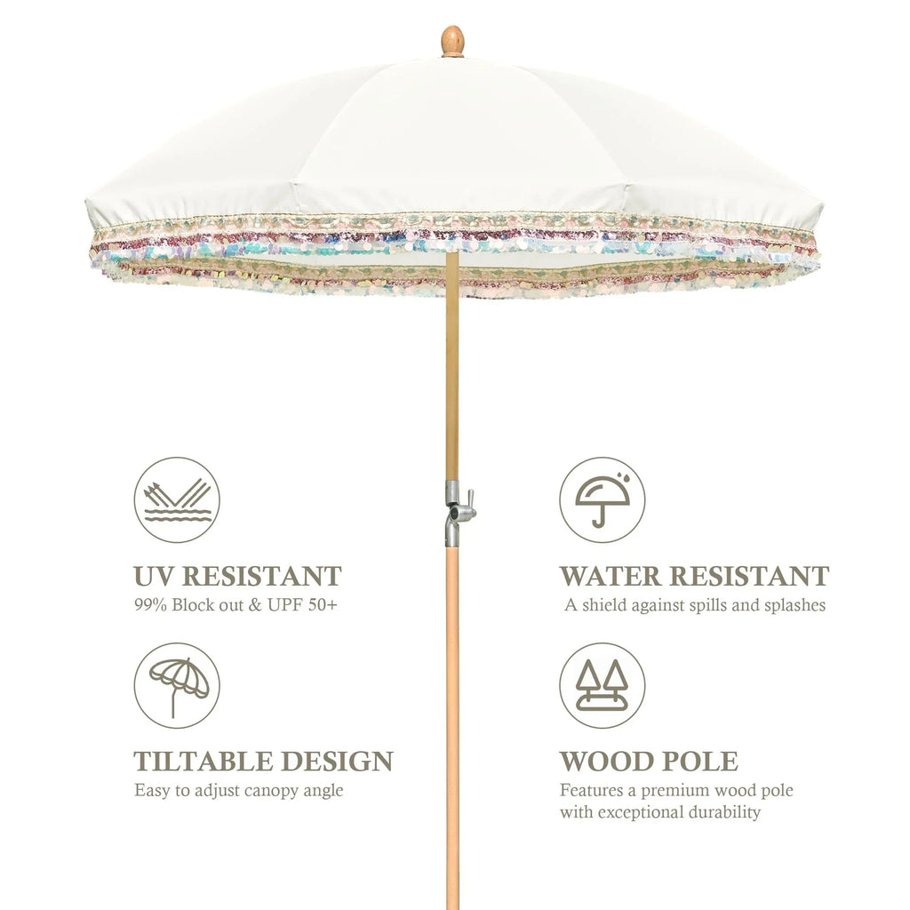 Nouveauté 2026 – Parasol de terrasse LAGarden de 1,8 m à franges et pompon, style Jazz Age, en bois, protection UPF50+, beige avec pompon doré, modèle : JZ6-01