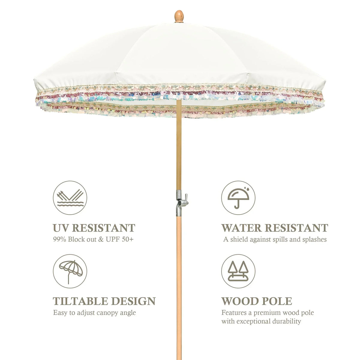 Nouveauté 2026 – Parasol de terrasse LAGarden de 1,8 m à franges et pompon, style Jazz Age, en bois, protection UPF50+, beige avec pompon doré, modèle : JZ6-01