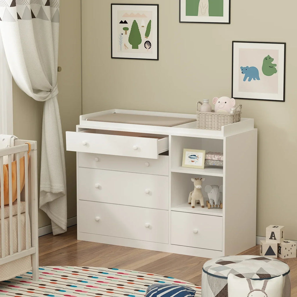 Nouveauté 2026 – Table à langer/commode pour chambre de bébé OXYLIFE , 114 cm (45 po), avec 4 tiroirs et une étagère, blanche