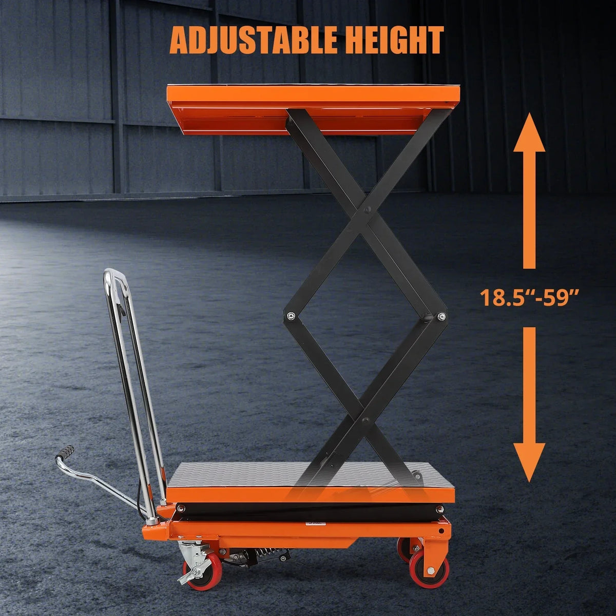 Nouveauté 2026 – Chariot élévateur hydraulique - Capacité de 350 kg, hauteur de levage réglable jusqu'à 150 cm, table élévatrice manuelle à double ciseaux avec 4 roues et patins antidérapants de 3 mm pour une manutention et un transport sécuritaires,