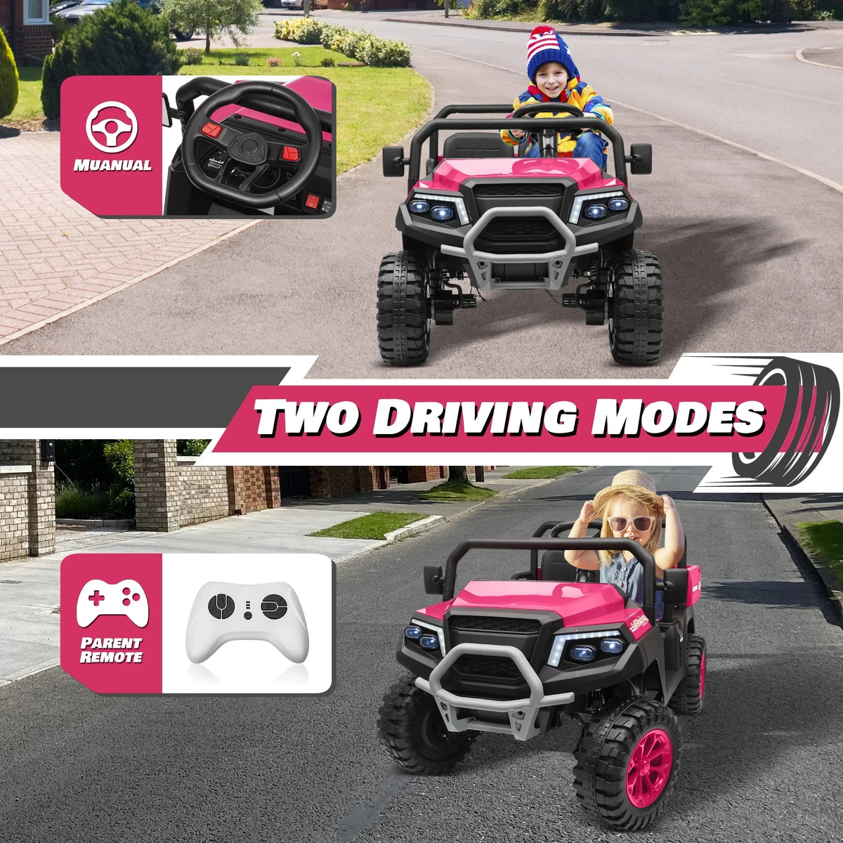 Nouveauté 2026 – Joyracer , véhicule tout-terrain électrique (UTV) 24 volts pour enfants, 2 places, avec télécommande. Voiturette de golf électrique avec 4 moteurs de 200 W, remorque inclinable et pelle, suspension à ressorts sur les 4 roues, musique