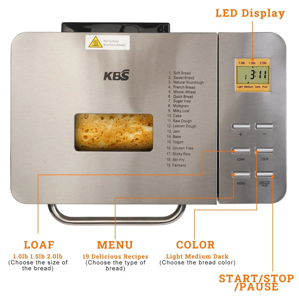 Nouveauté 2026 – Machine à pain KBS 19-en-1 2LB entièrement automatique, écran LCD, acier inoxydable, modèle n° 013