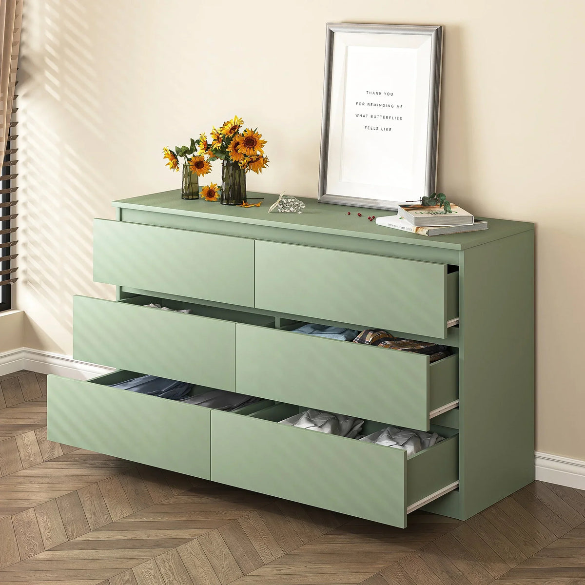 Nouveauté 2026 – Commode Resenkos moderne style milieu du siècle, 6 tiroirs, large, pour chambre à coucher, grise
