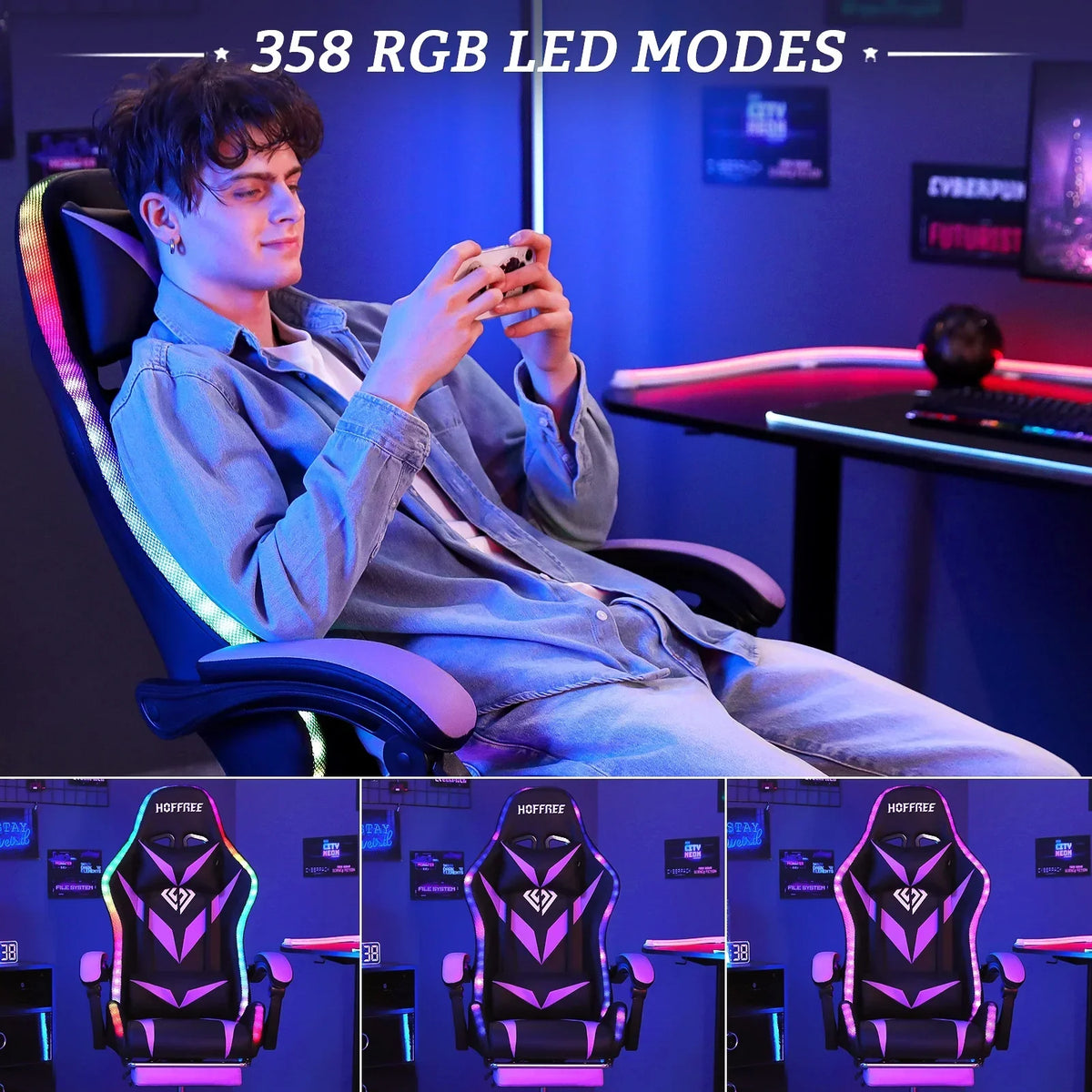 Nouveauté 2026 – Fauteuil de jeu Hoffree avec haut-parleurs intégrés, en cuir PU, repose-pieds et éclairage LED. Fauteuil ergonomique pour gamer avec massage, soutien lombaire et appui-tête pivotant et réglable. Idéal pour le télétravail et le bureau