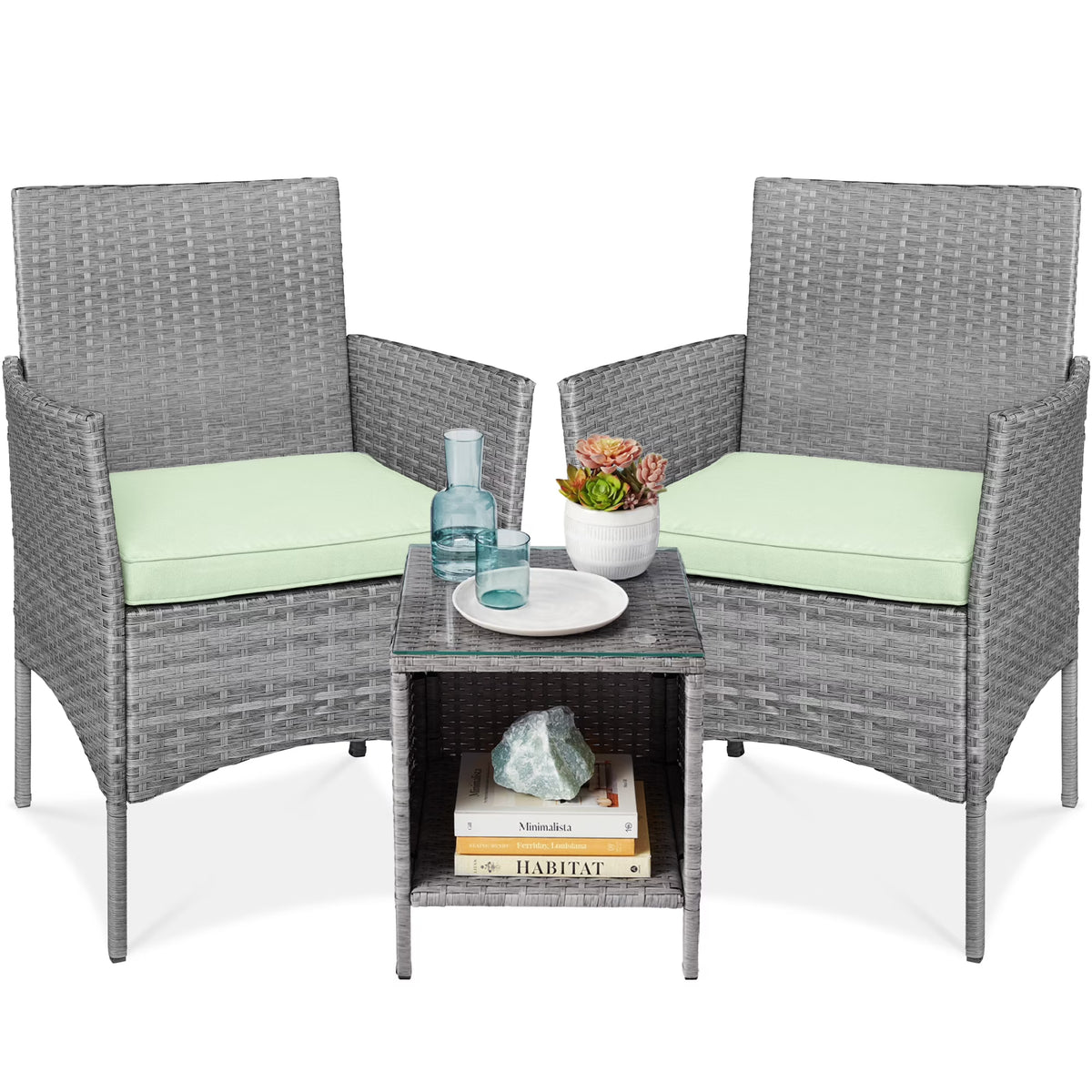 Nouveauté 2026 – Ensemble bistro de jardin 3 pièces en résine tressée Best Choice Products , avec 2 chaises et une table - Gris/Bleu marine