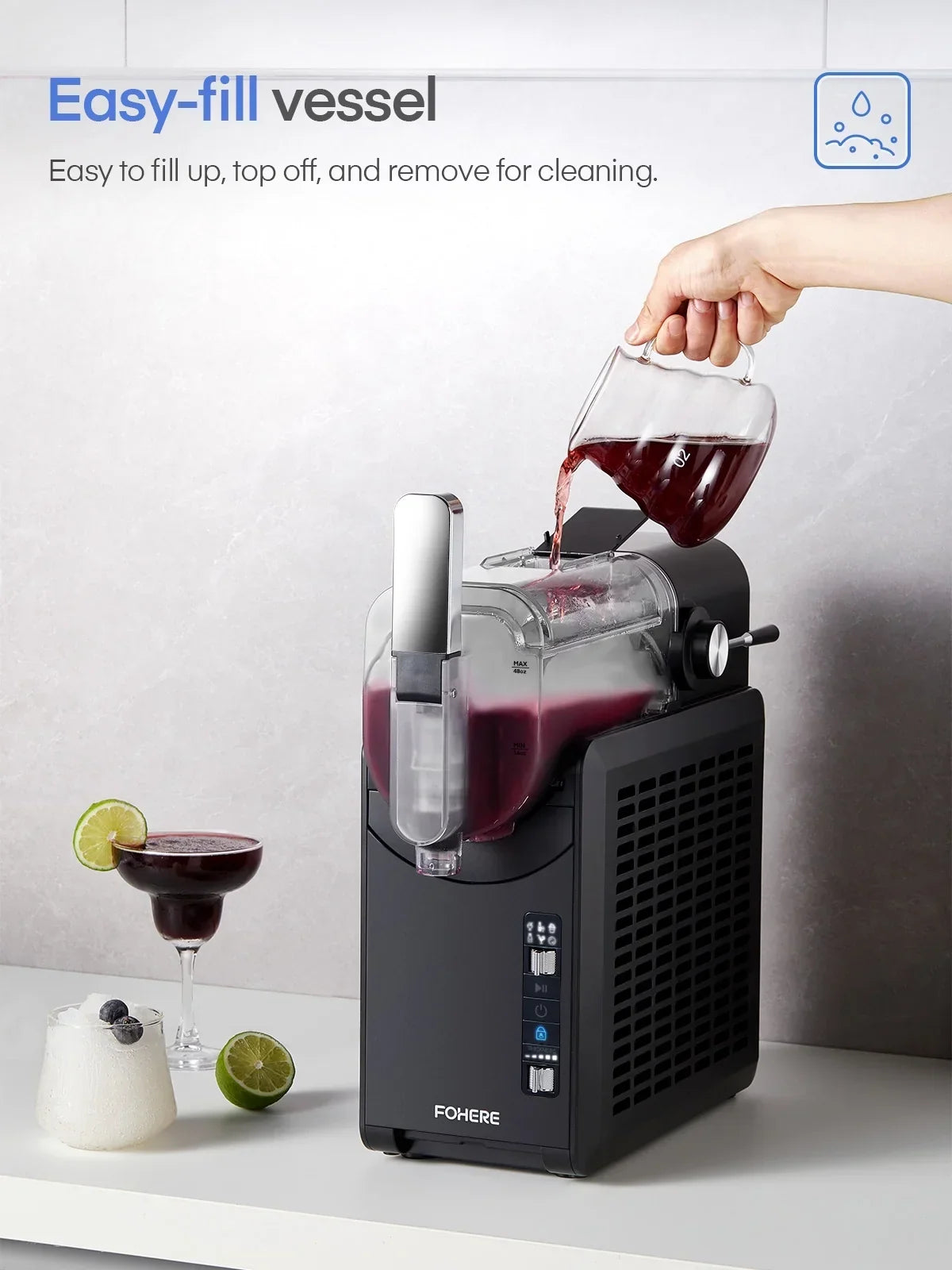 Nouveauté 2026 – Machine à granita 5 en 1 , sans glace, prête en 15 minutes, autonettoyante, idéale pour la maison. 5 programmes prédéfinis pour préparer des margaritas glacées, des frappés, des milkshakes et bien plus encore. Disponible chez FOHERE