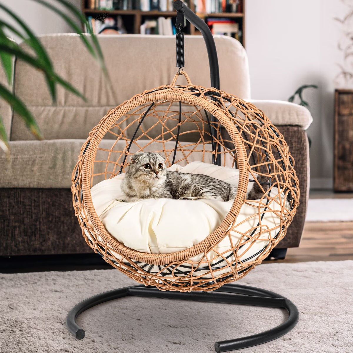 Nouveauté 2026 – Lit surélevé pour chat d'intérieur Dextrus avec coussin amovible, marron uni