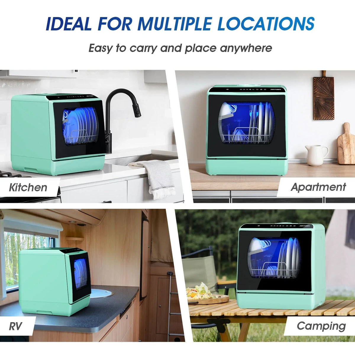Nouveauté 2026 – Lave-vaisselle portable de comptoir AIRMSEN avec réservoir d'eau intégré de 5 litres et fonction de séchage à l'air, 5 programmes de lavage, mini lave-vaisselle, AE-TDQR03